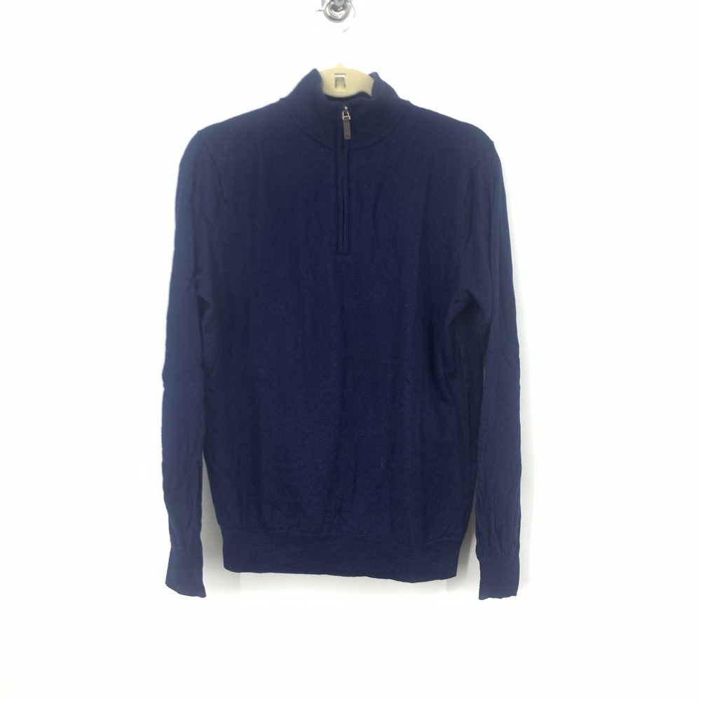 Untuckit Men Size Large Sweater 1/4 Zip Pullover Top Blue 100% Merino Wool Knit‎